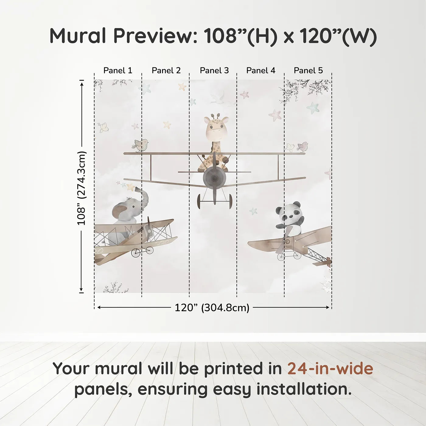 Whimsy Tots Safari Aviators Wall Muraldimension view (108" H x 120" W). Printed in five 24-inch-wide panels. Gender-Neutral