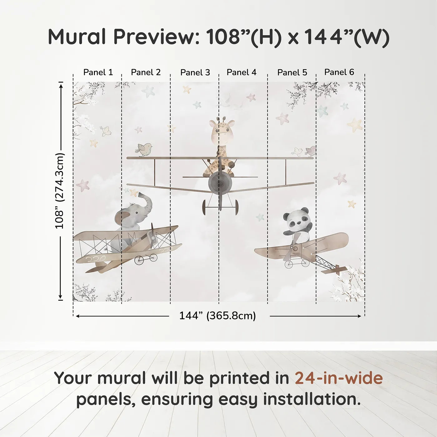 Whimsy Tots Safari Aviators Wall Muraldimension view (108" H x 144" W). Printed in six 24-inch-wide panels. Gender-Neutral