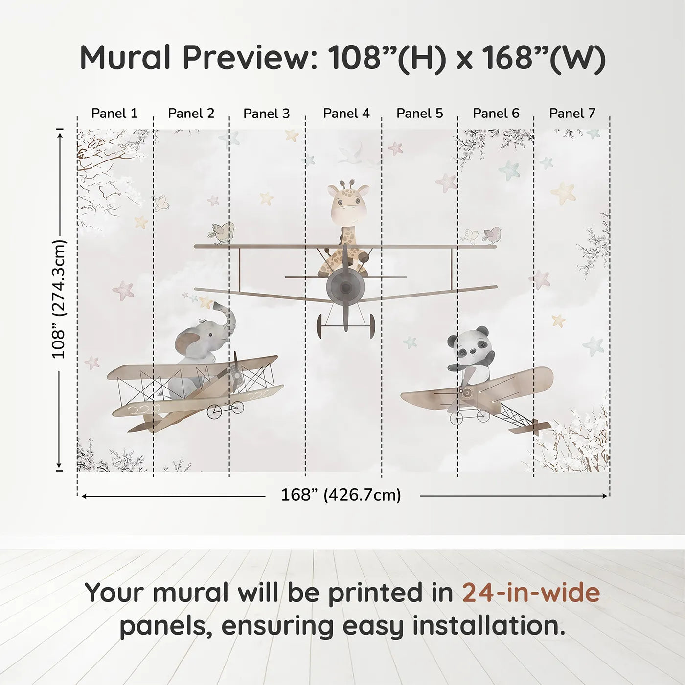 Whimsy Tots Safari Aviators Wall Muraldimension view (108" H x 168" W). Printed in seven 24-inch-wide panels. Gender-Neutral