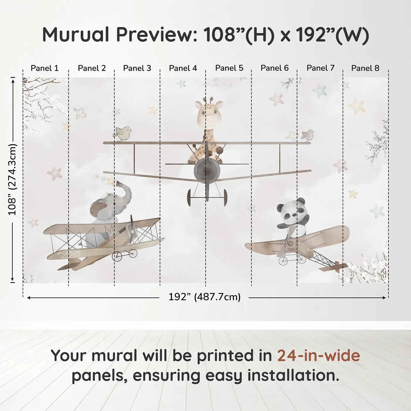 Whimsy Tots Safari Aviators Wall Muraldimension view (108" H x 192" W). Printed in eight 24-inch-wide panels. Gender-Neutral