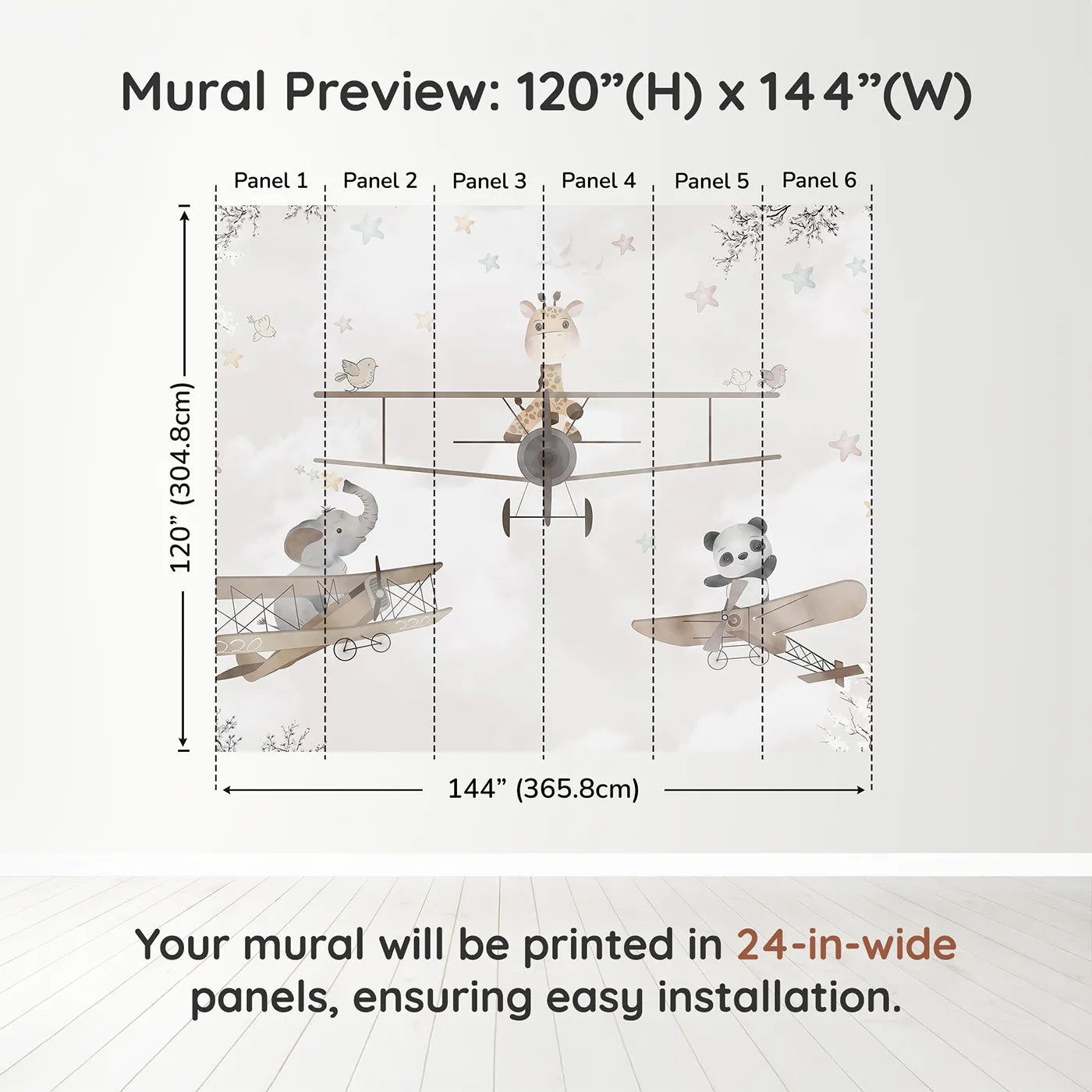 Whimsy Tots Safari Aviators Wall Muraldimension view (120" H x 144" W). Printed in six 24-inch-wide panels. Gender-Neutral