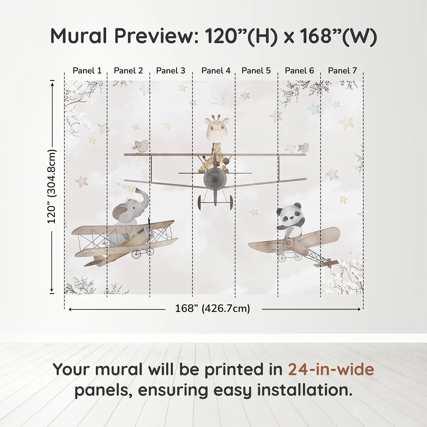 Whimsy Tots Safari Aviators Wall Muraldimension view (120" H x 168" W). Printed in seven 24-inch-wide panels. Gender-Neutral
