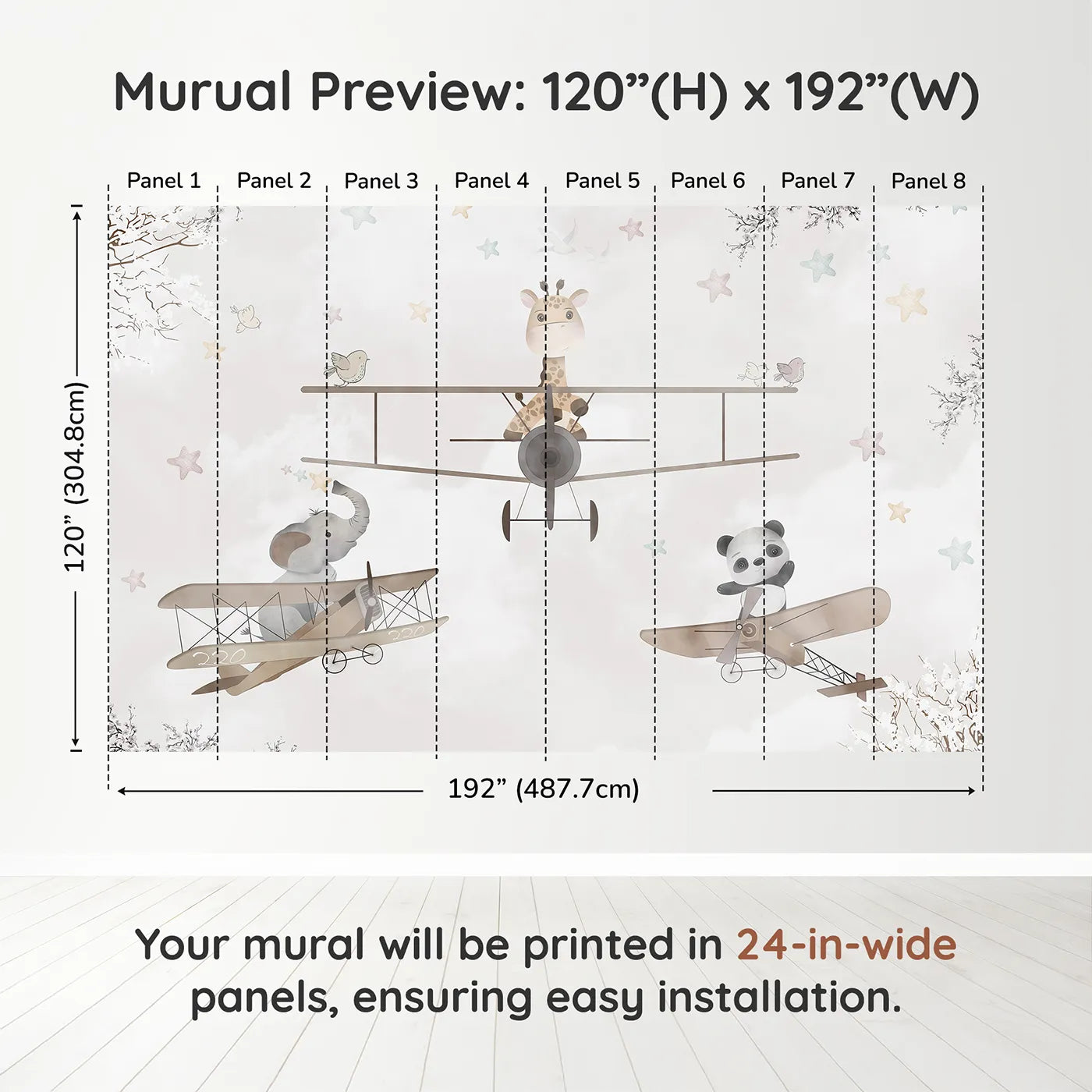 Whimsy Tots Safari Aviators Wall Muraldimension view (120" H x 192" W). Printed in eight 24-inch-wide panels. Gender-Neutral