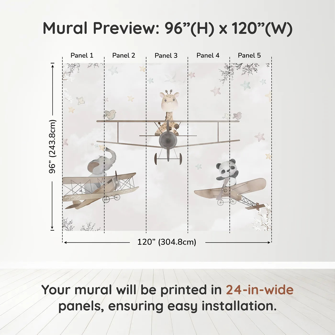 Whimsy Tots Safari Aviators Wall Muraldimension view (96" H x 120" W). Printed in five 24-inch-wide panels. Gender-Neutral