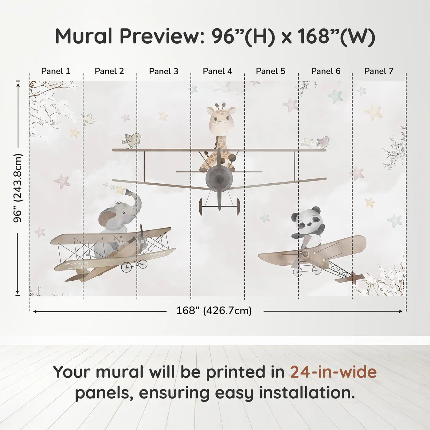 Whimsy Tots Safari Aviators Wall Muraldimension view (96" H x 168" W). Printed in seven 24-inch-wide panels. Gender-Neutral