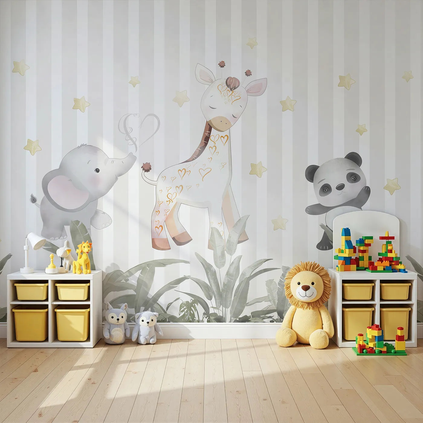 Angled view of Whimsy Tots' Safari Friends Club Wall Mural (Turn Their Room into the Sweetest Jungle Clubhouse).Gender-Neutral