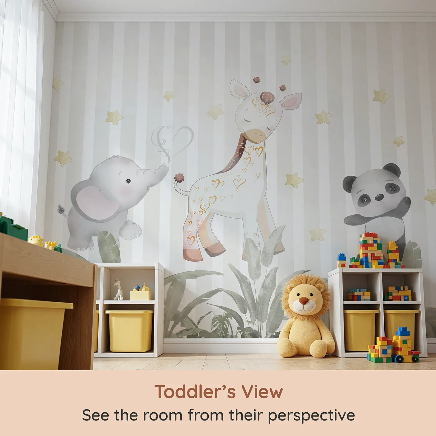 Whimsy Tots Safari Friends Club Wall Mural (Turn Their Room into the Sweetest Jungle Clubhouse) from your child's view.Gender-Neutral