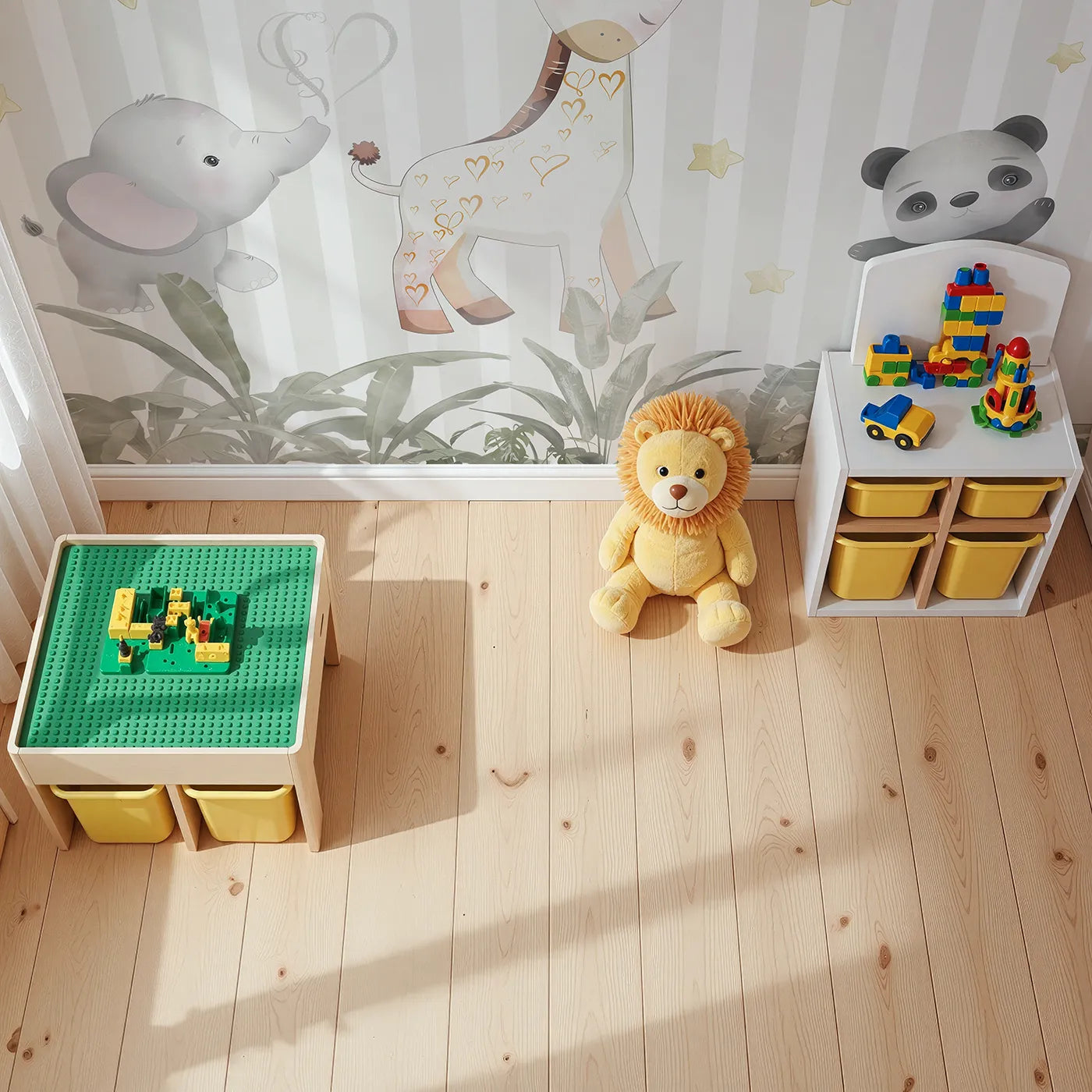 Top-down view of Whimsy Tots' Safari Friends Club Wall Mural (Turn Their Room into the Sweetest Jungle Clubhouse).Gender-Neutral