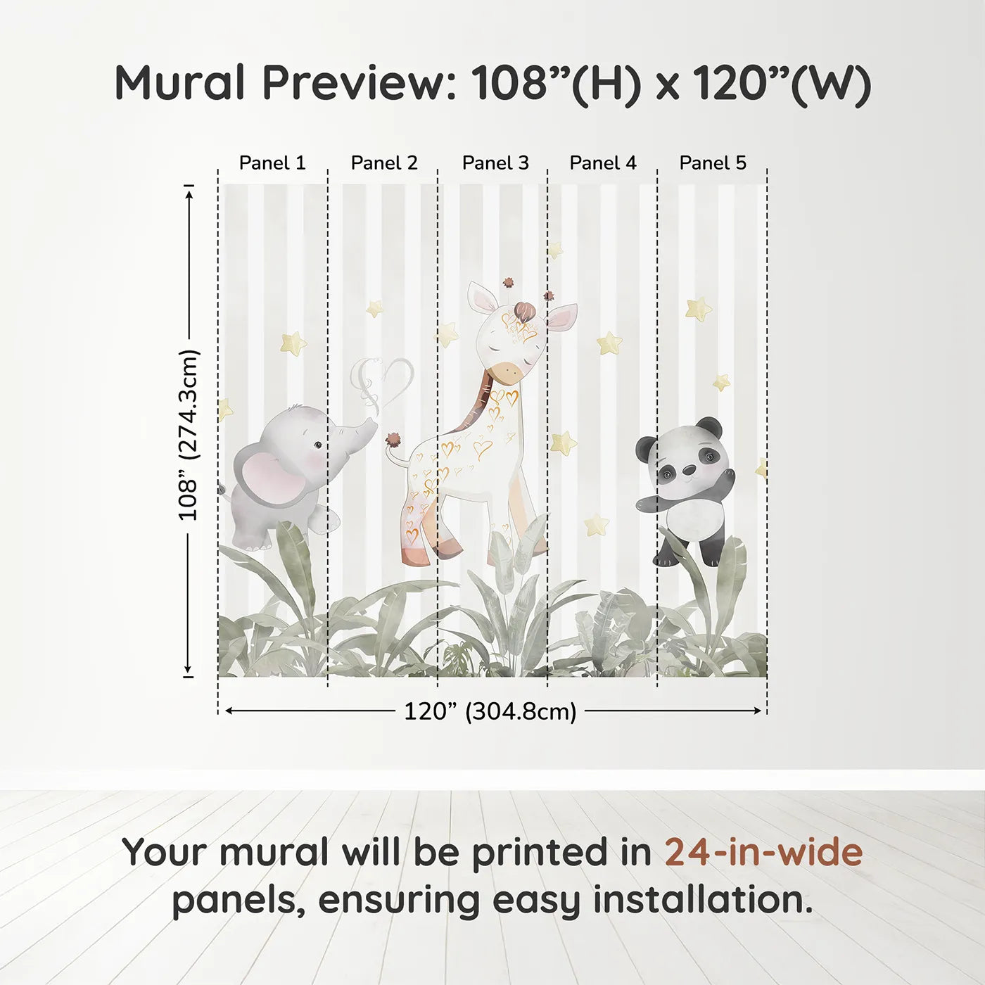 Whimsy Tots Safari Friends Club Wall Muraldimension view (108" H x 120" W). Printed in five 24-inch-wide panels. Gender-Neutral