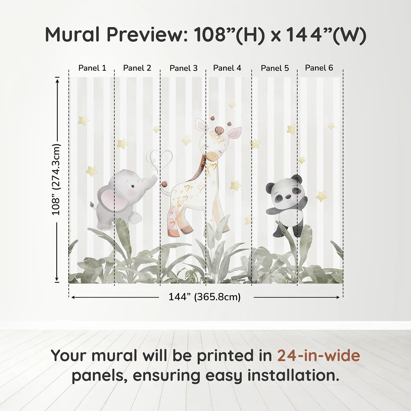 Whimsy Tots Safari Friends Club Wall Muraldimension view (108" H x 144" W). Printed in six 24-inch-wide panels. Gender-Neutral