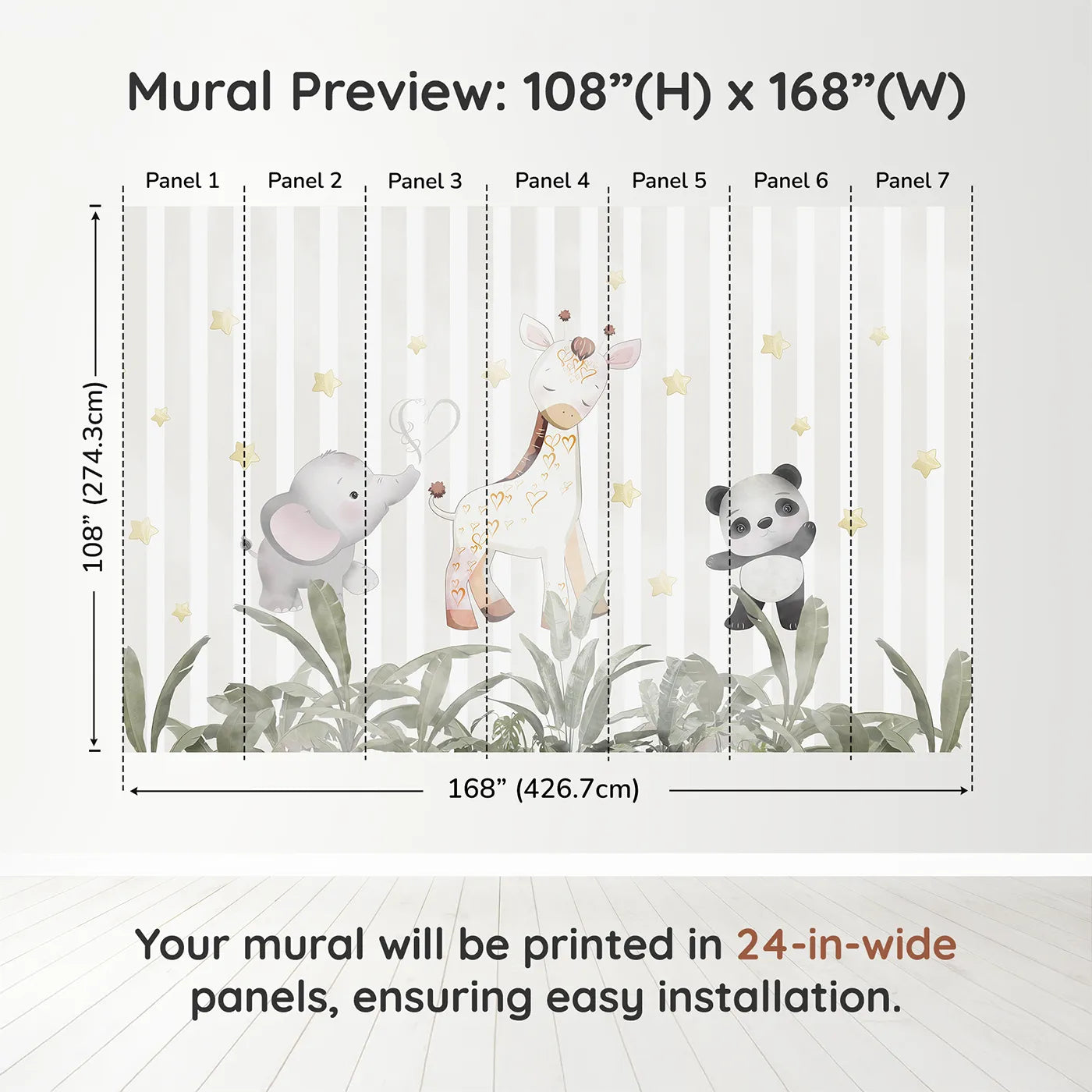 Whimsy Tots Safari Friends Club Wall Muraldimension view (108" H x 168" W). Printed in seven 24-inch-wide panels. Gender-Neutral