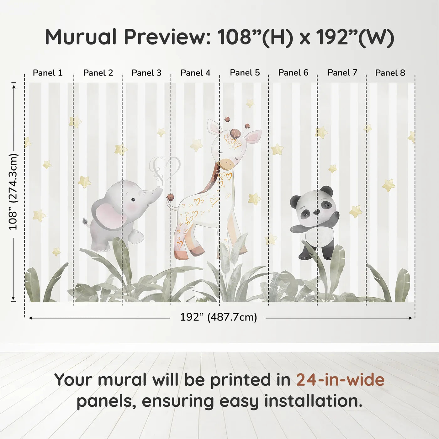 Whimsy Tots Safari Friends Club Wall Muraldimension view (108" H x 192" W). Printed in eight 24-inch-wide panels. Gender-Neutral