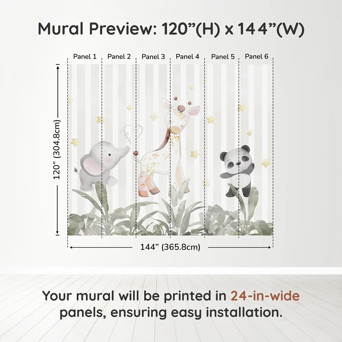 Whimsy Tots Safari Friends Club Wall Muraldimension view (120" H x 144" W). Printed in six 24-inch-wide panels. Gender-Neutral