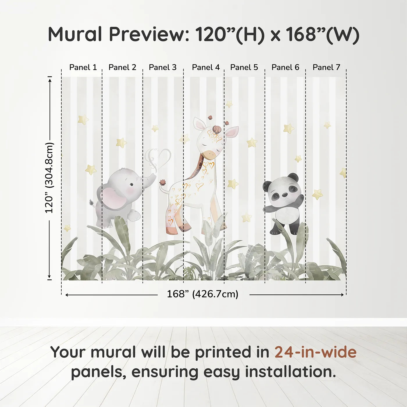 Whimsy Tots Safari Friends Club Wall Muraldimension view (120" H x 168" W). Printed in seven 24-inch-wide panels. Gender-Neutral