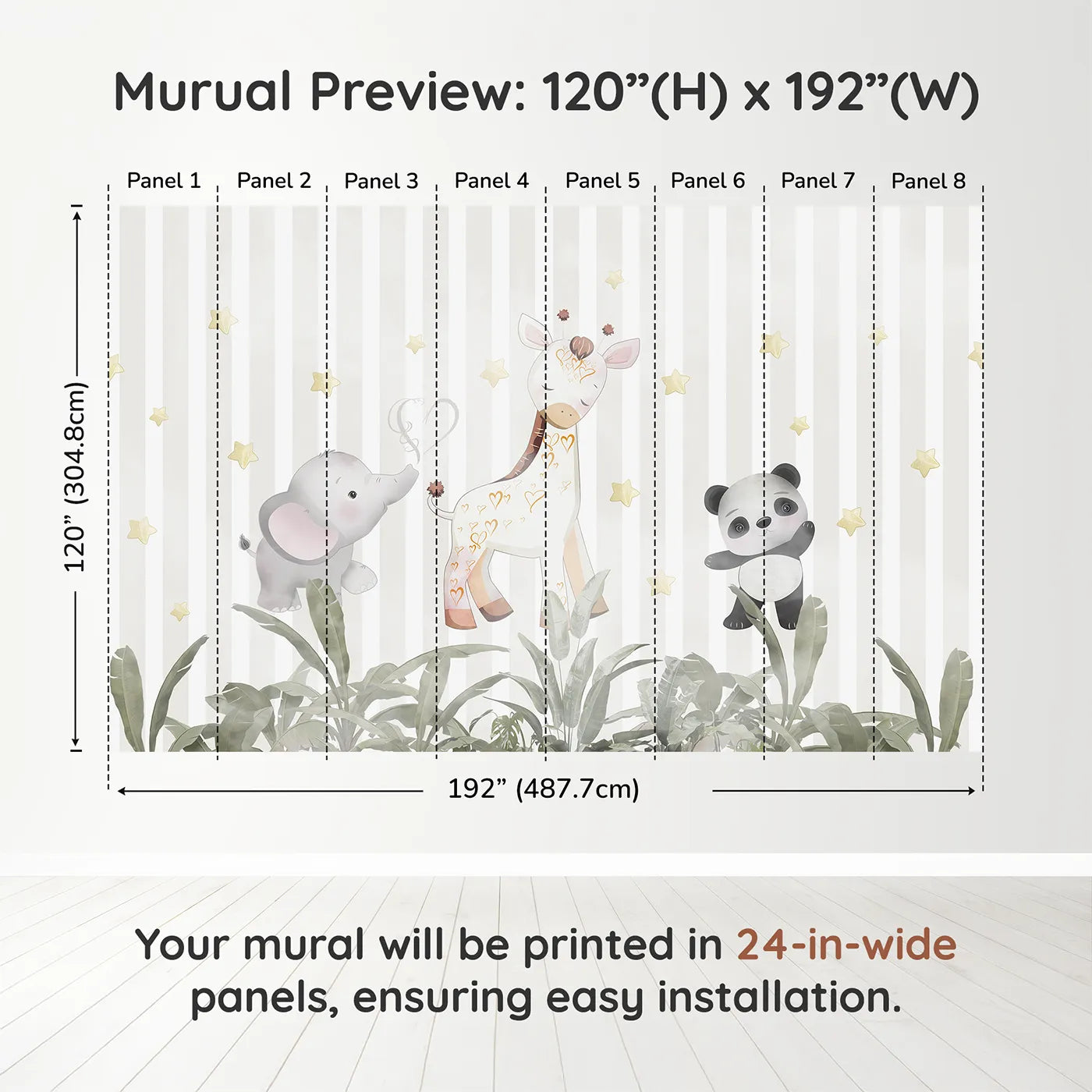 Whimsy Tots Safari Friends Club Wall Muraldimension view (120" H x 192" W). Printed in eight 24-inch-wide panels. Gender-Neutral