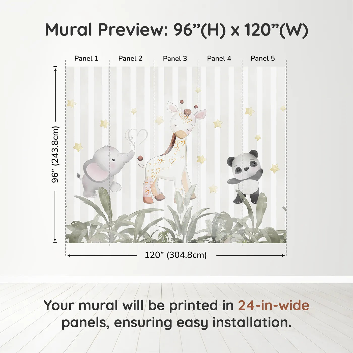 Whimsy Tots Safari Friends Club Wall Muraldimension view (96" H x 120" W). Printed in five 24-inch-wide panels. Gender-Neutral