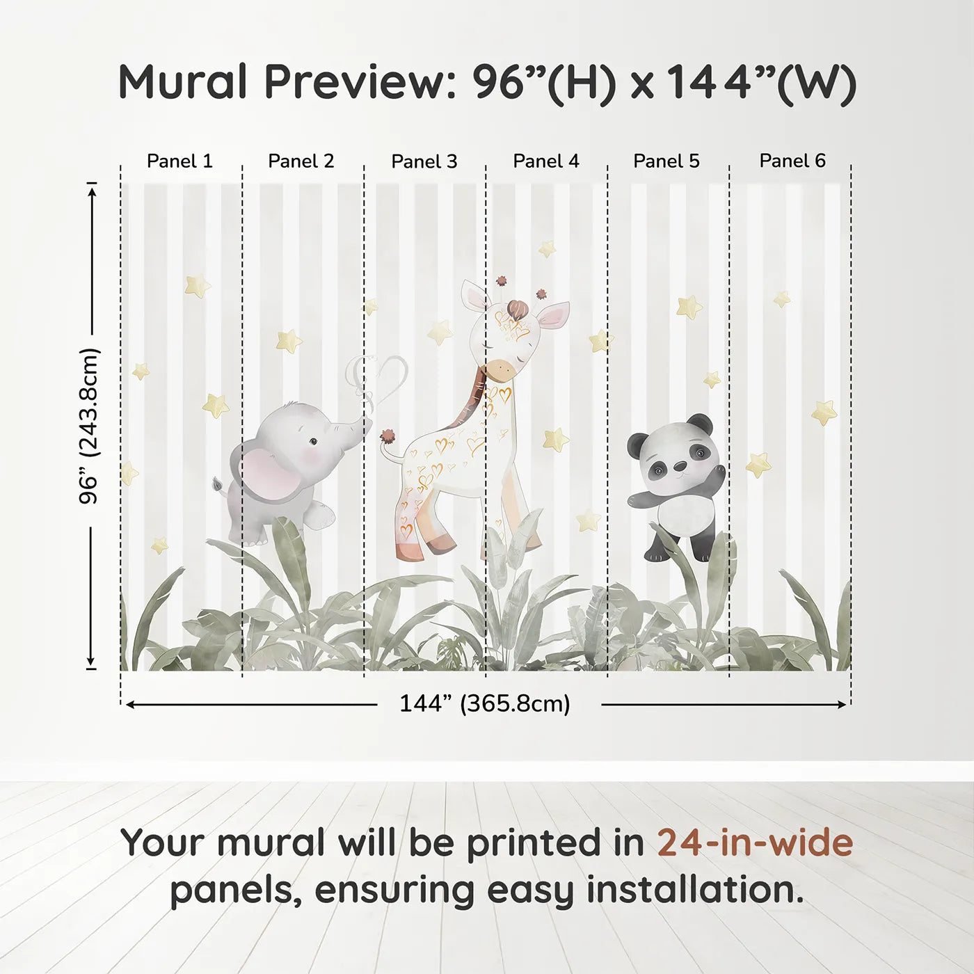 Whimsy Tots Safari Friends Club Wall Muraldimension view (96" H x 144" W). Printed in six 24-inch-wide panels. Gender-Neutral