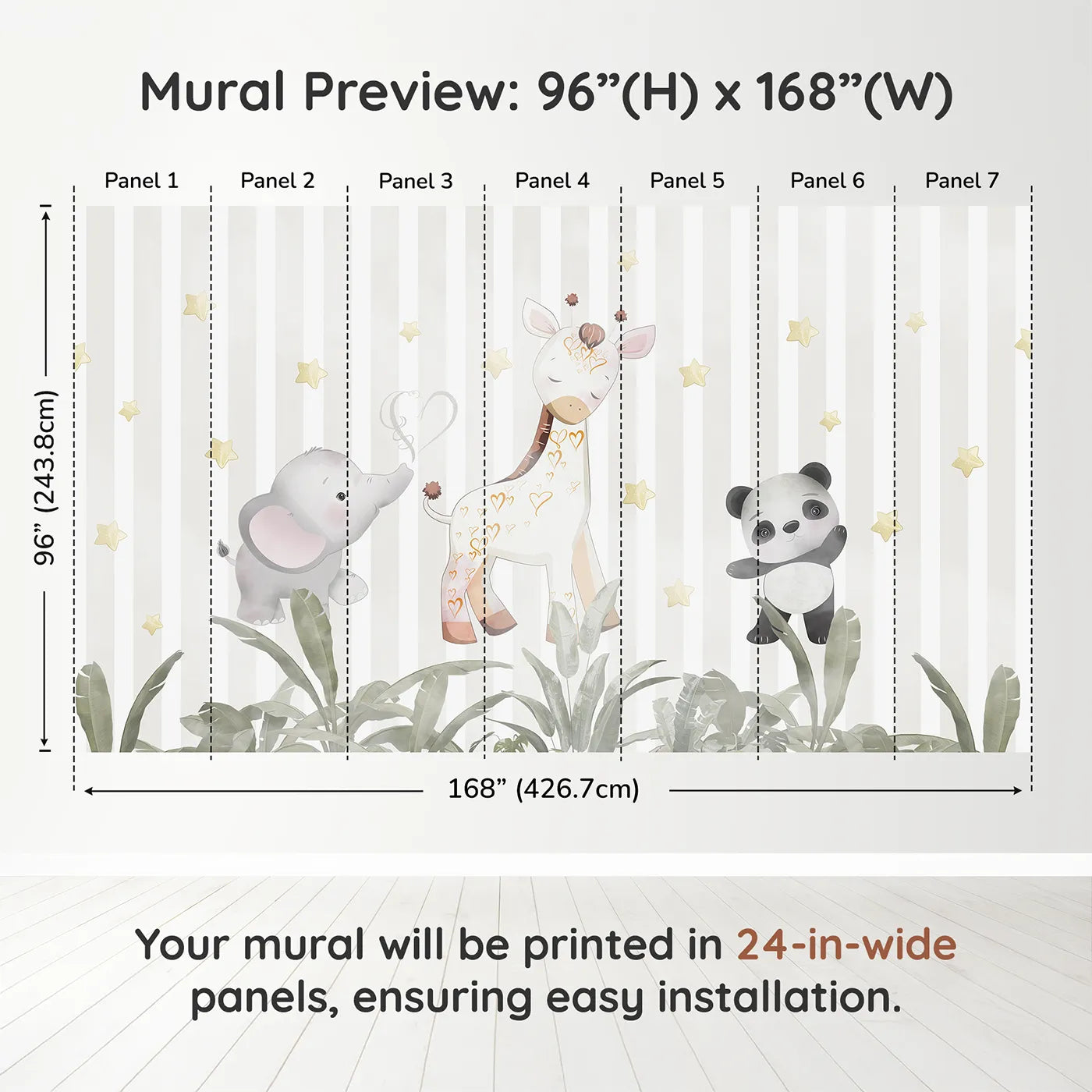 Whimsy Tots Safari Friends Club Wall Muraldimension view (96" H x 168" W). Printed in seven 24-inch-wide panels. Gender-Neutral