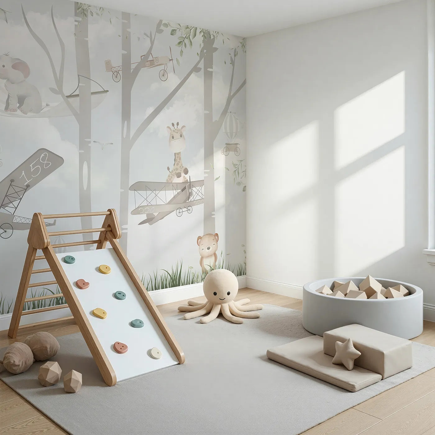 Angled view of Whimsy Tots' Woodland Aviators Wall Mural (Turn Their Room into a Whimsical Forest Air Show).Gender-Neutral
