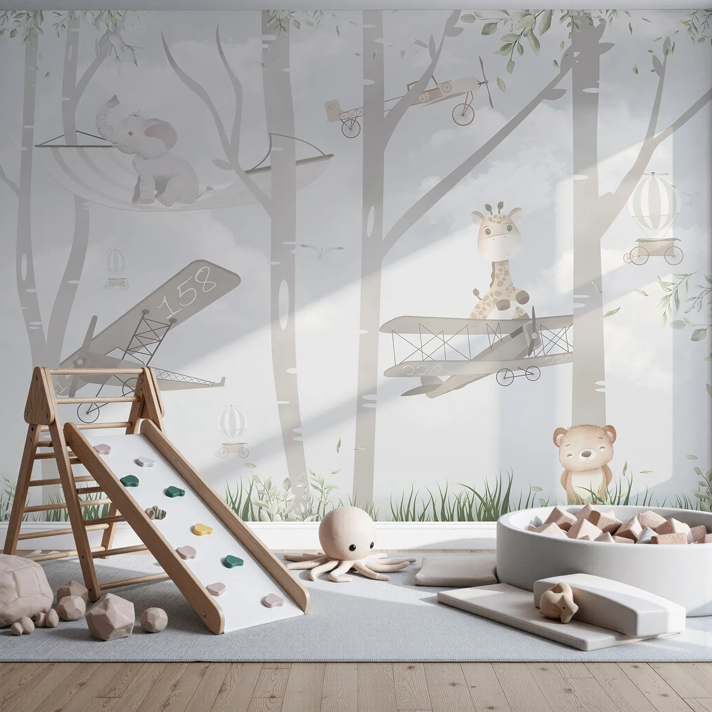 Front view of Whimsy Tots' Woodland Aviators Wall Mural