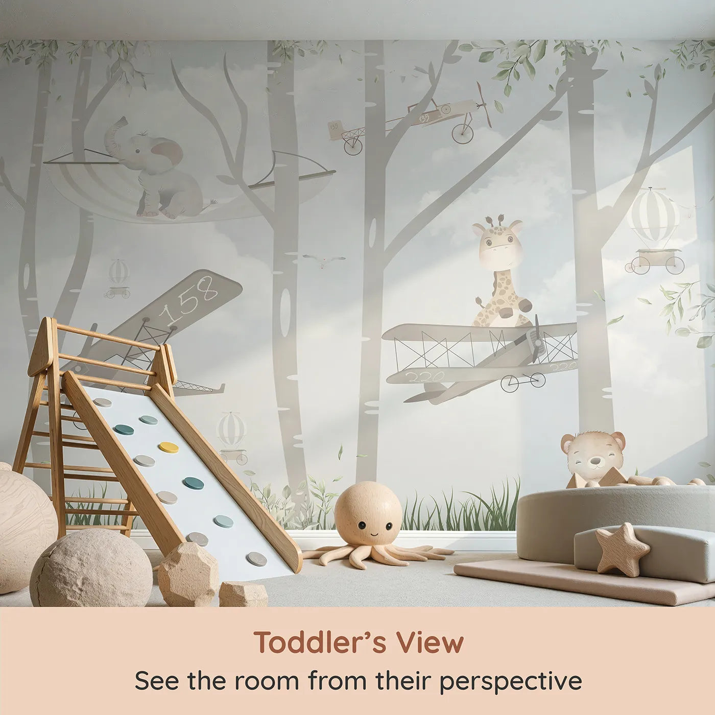 Whimsy Tots Woodland Aviators Wall Mural (Turn Their Room into a Whimsical Forest Air Show) from your child's view.Gender-Neutral