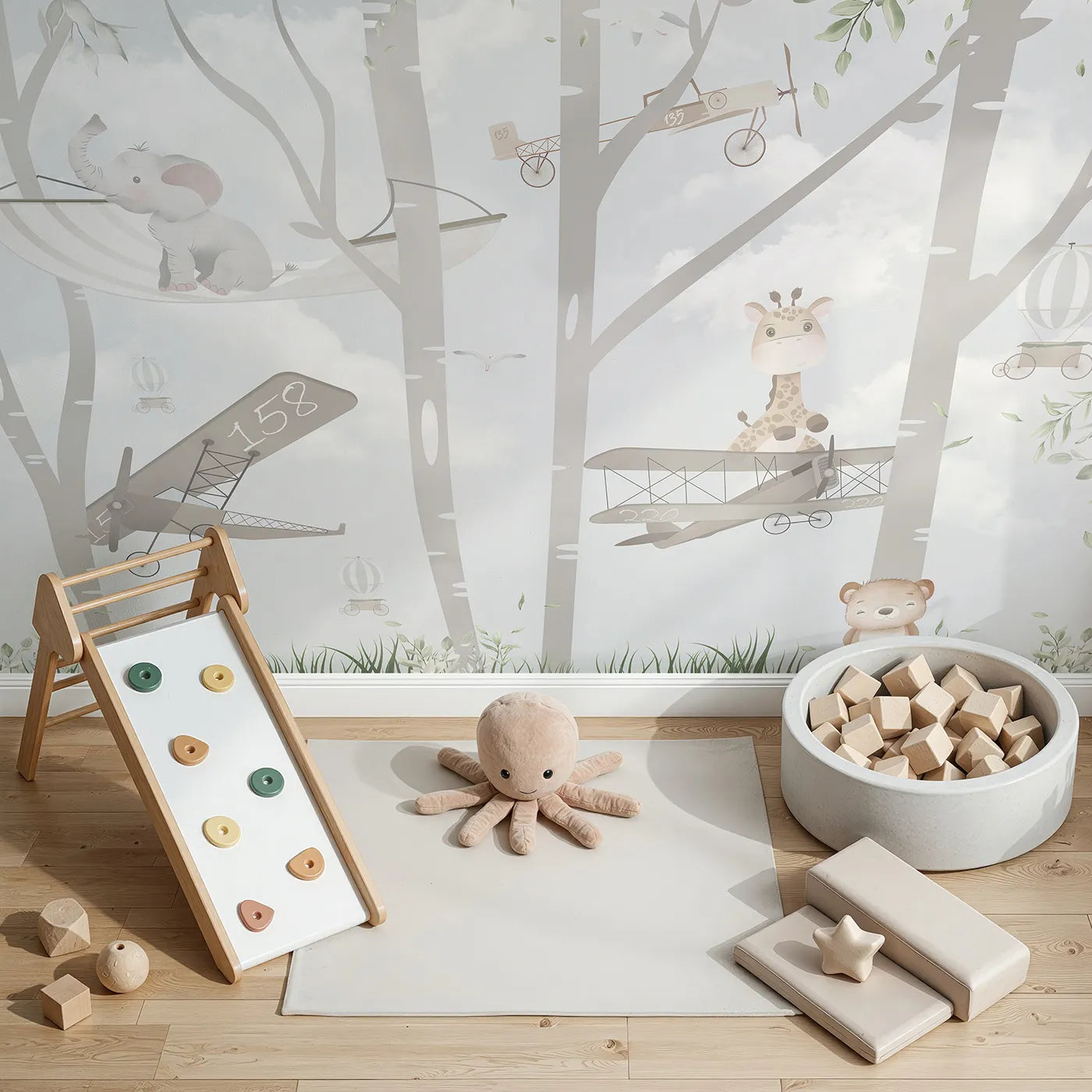 Top-down view of Whimsy Tots' Woodland Aviators Wall Mural (Turn Their Room into a Whimsical Forest Air Show).Gender-Neutral