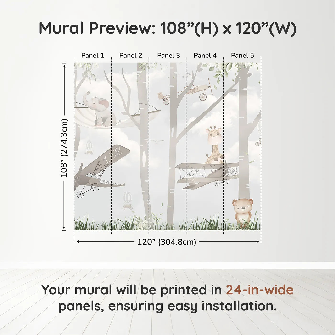 Whimsy Tots Woodland Aviators Wall Muraldimension view (108" H x 120" W). Printed in five 24-inch-wide panels. Gender-Neutral