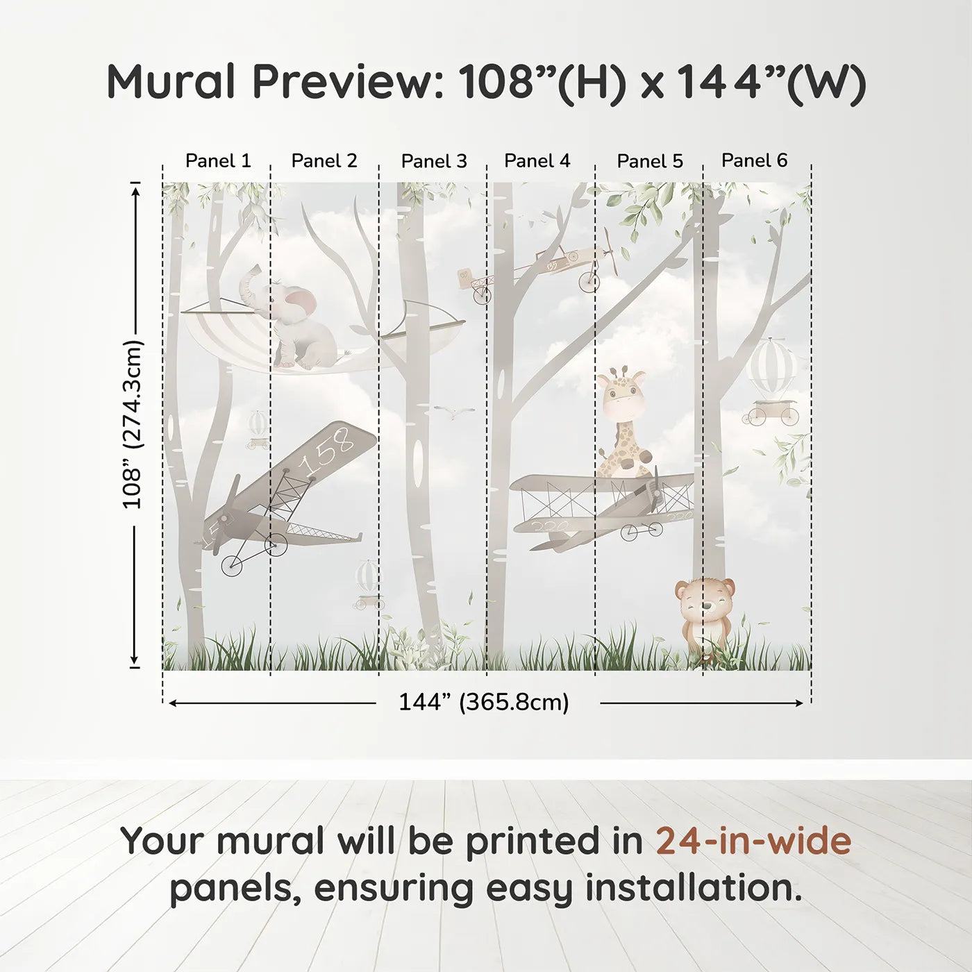 Whimsy Tots Woodland Aviators Wall Muraldimension view (108" H x 144" W). Printed in six 24-inch-wide panels. Gender-Neutral