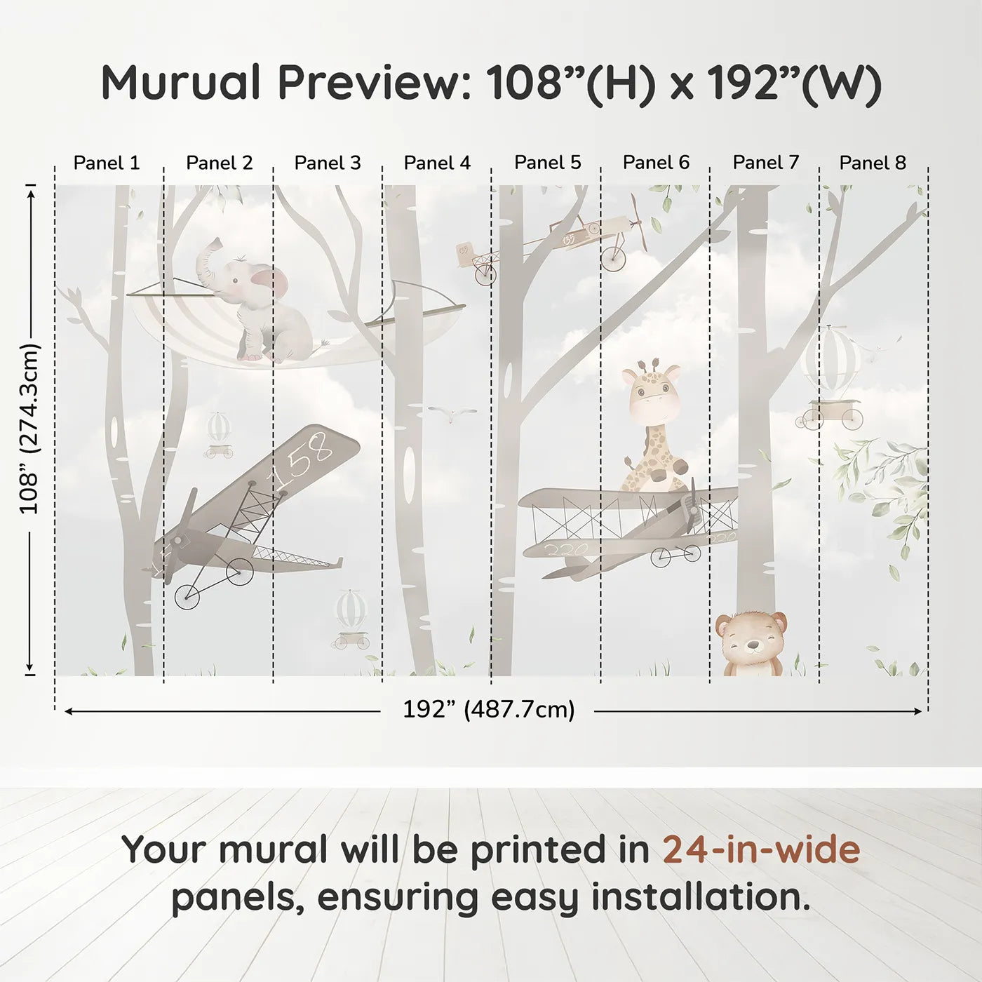 Whimsy Tots Woodland Aviators Wall Muraldimension view (108" H x 192" W). Printed in eight 24-inch-wide panels. Gender-Neutral