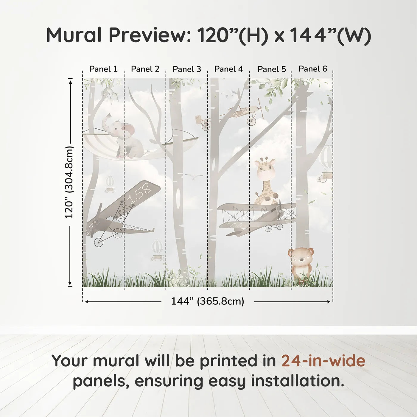 Whimsy Tots Woodland Aviators Wall Muraldimension view (120" H x 144" W). Printed in six 24-inch-wide panels. Gender-Neutral