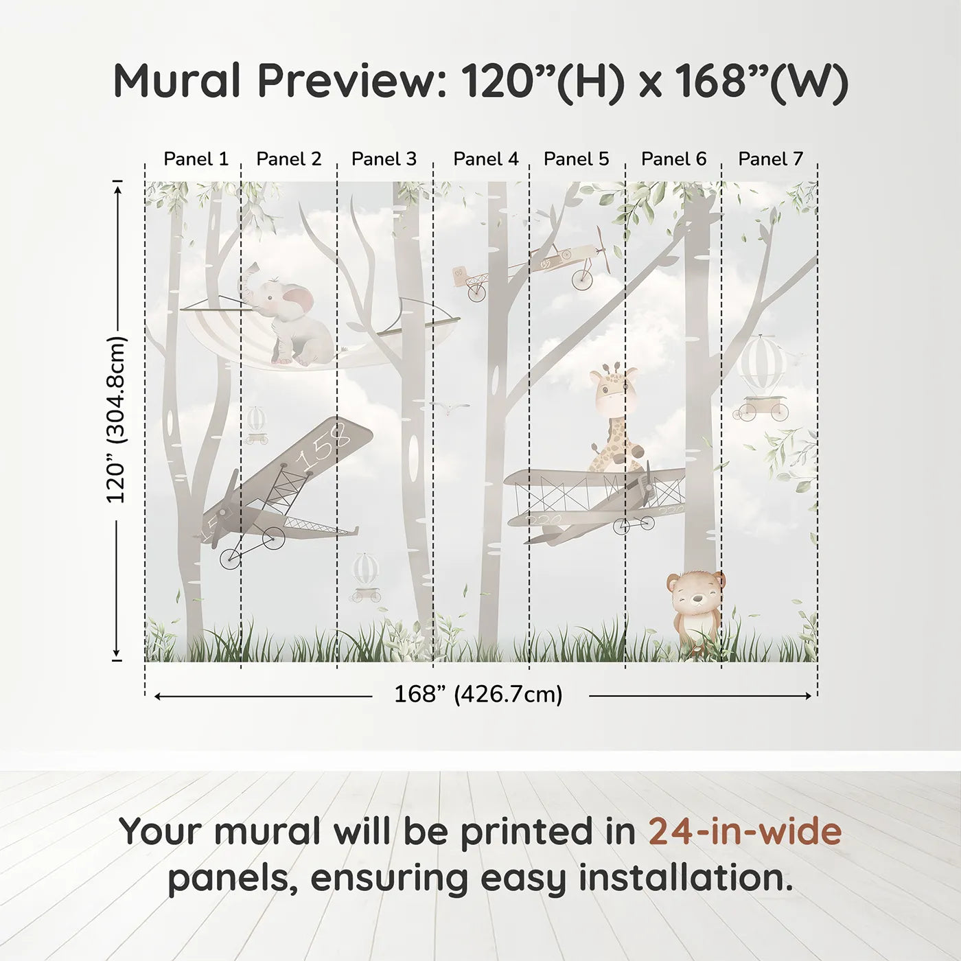 Whimsy Tots Woodland Aviators Wall Muraldimension view (120" H x 168" W). Printed in seven 24-inch-wide panels. Gender-Neutral