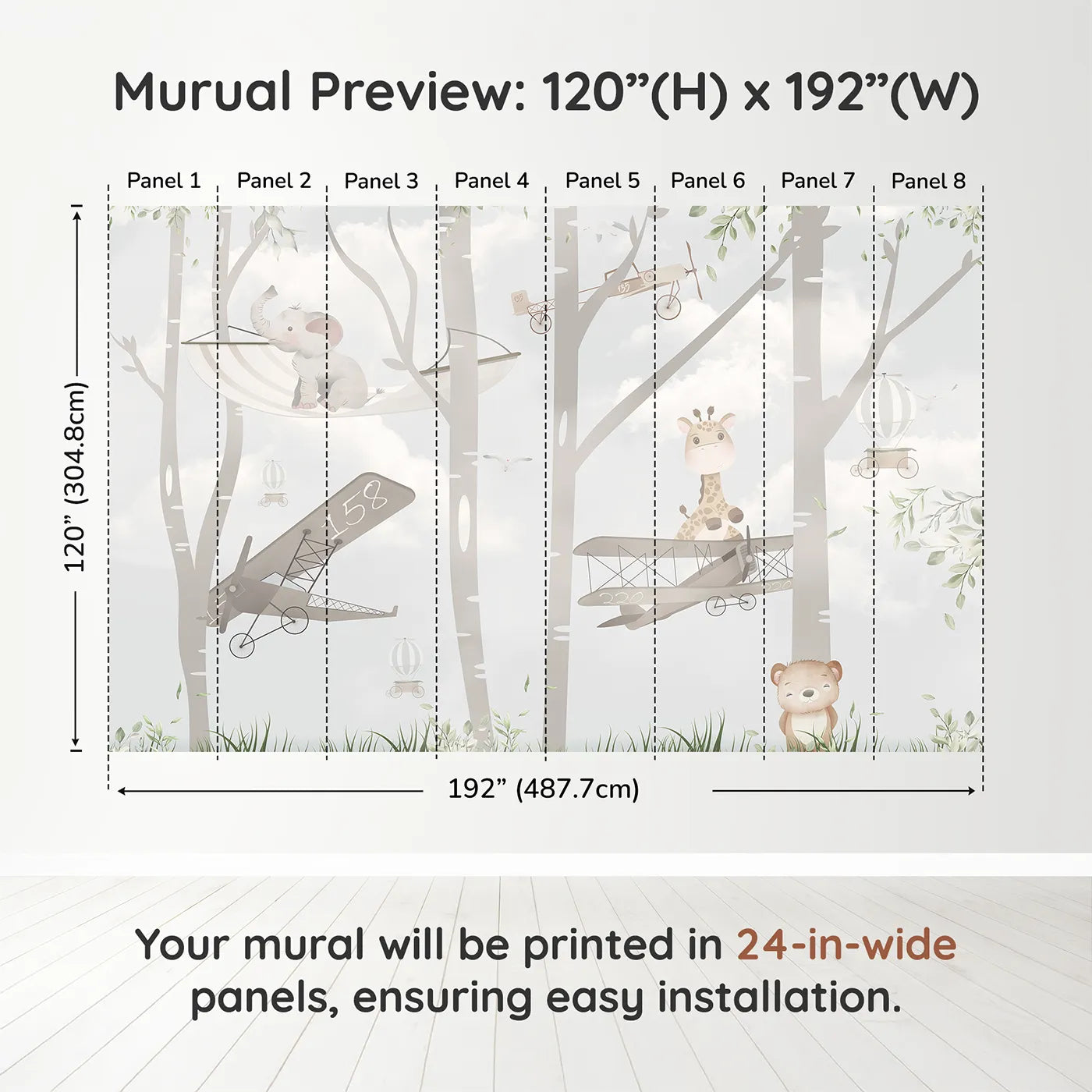 Whimsy Tots Woodland Aviators Wall Muraldimension view (120" H x 192" W). Printed in eight 24-inch-wide panels. Gender-Neutral