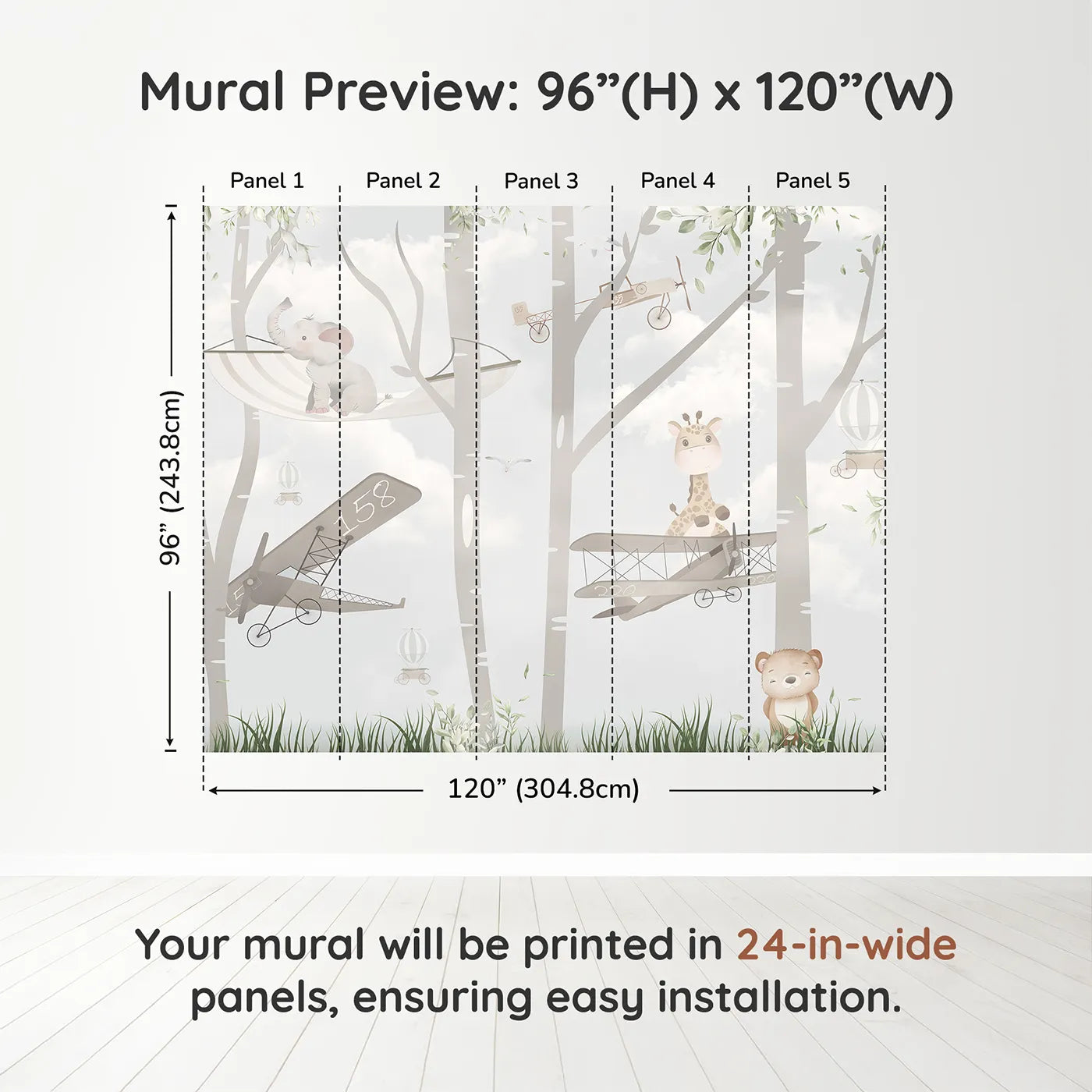 Whimsy Tots Woodland Aviators Wall Muraldimension view (96" H x 120" W). Printed in five 24-inch-wide panels. Gender-Neutral