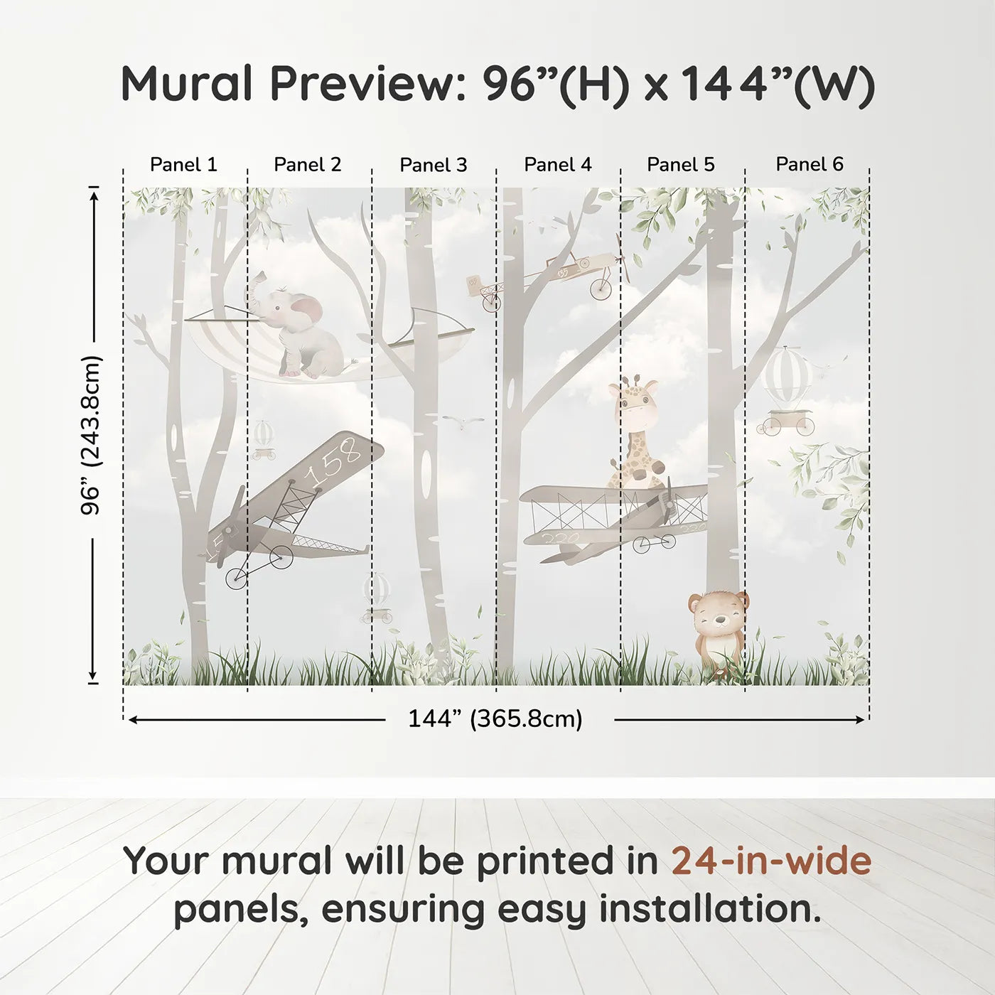 Whimsy Tots Woodland Aviators Wall Muraldimension view (96" H x 144" W). Printed in six 24-inch-wide panels. Gender-Neutral