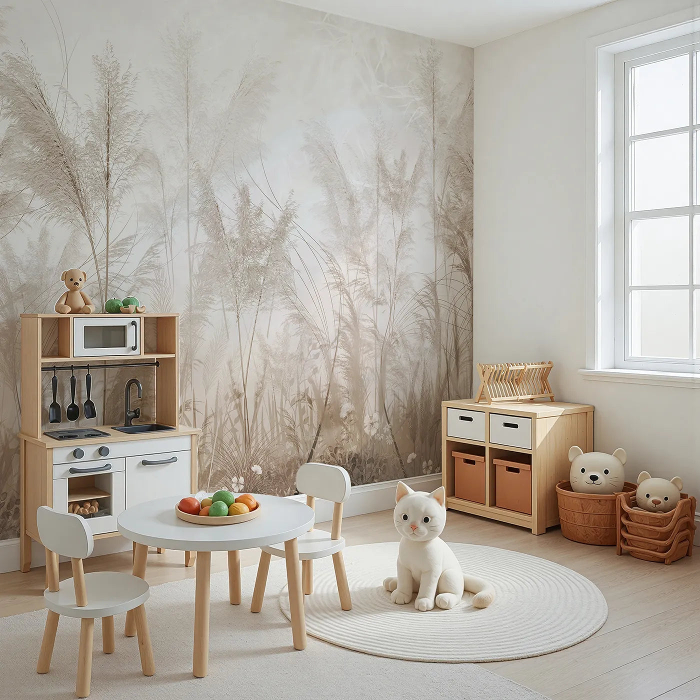 Angled view of Whimsy Tots' Misty Pampas Grass Wall Mural (Turn Their Room into a Field of Feathery Softness).Gender-Neutral