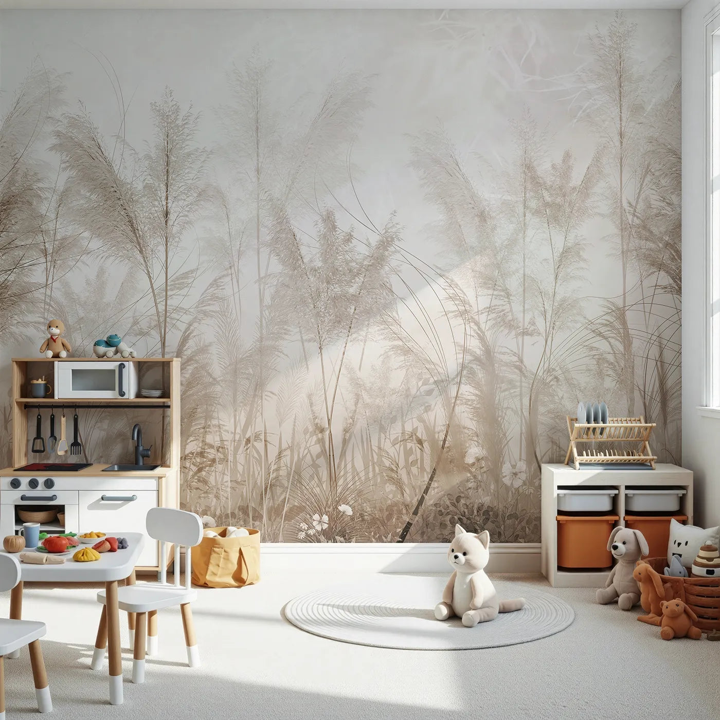 Front view of Whimsy Tots' Misty Pampas Grass Wall Mural