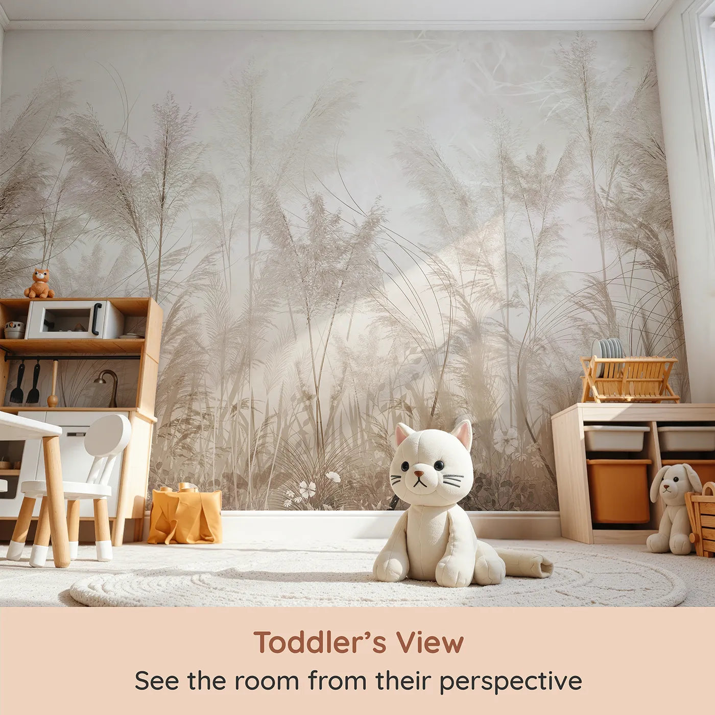 Whimsy Tots Misty Pampas Grass Wall Mural (Turn Their Room into a Field of Feathery Softness) from your child's view.Gender-Neutral