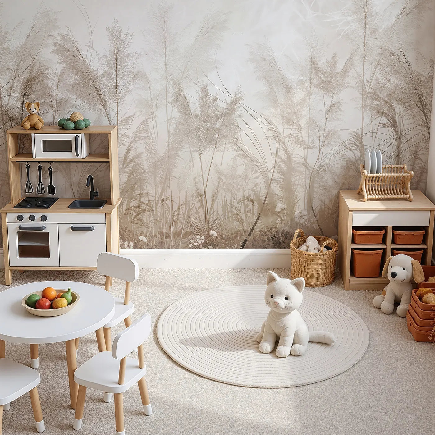 Top-down view of Whimsy Tots' Misty Pampas Grass Wall Mural (Turn Their Room into a Field of Feathery Softness).Gender-Neutral