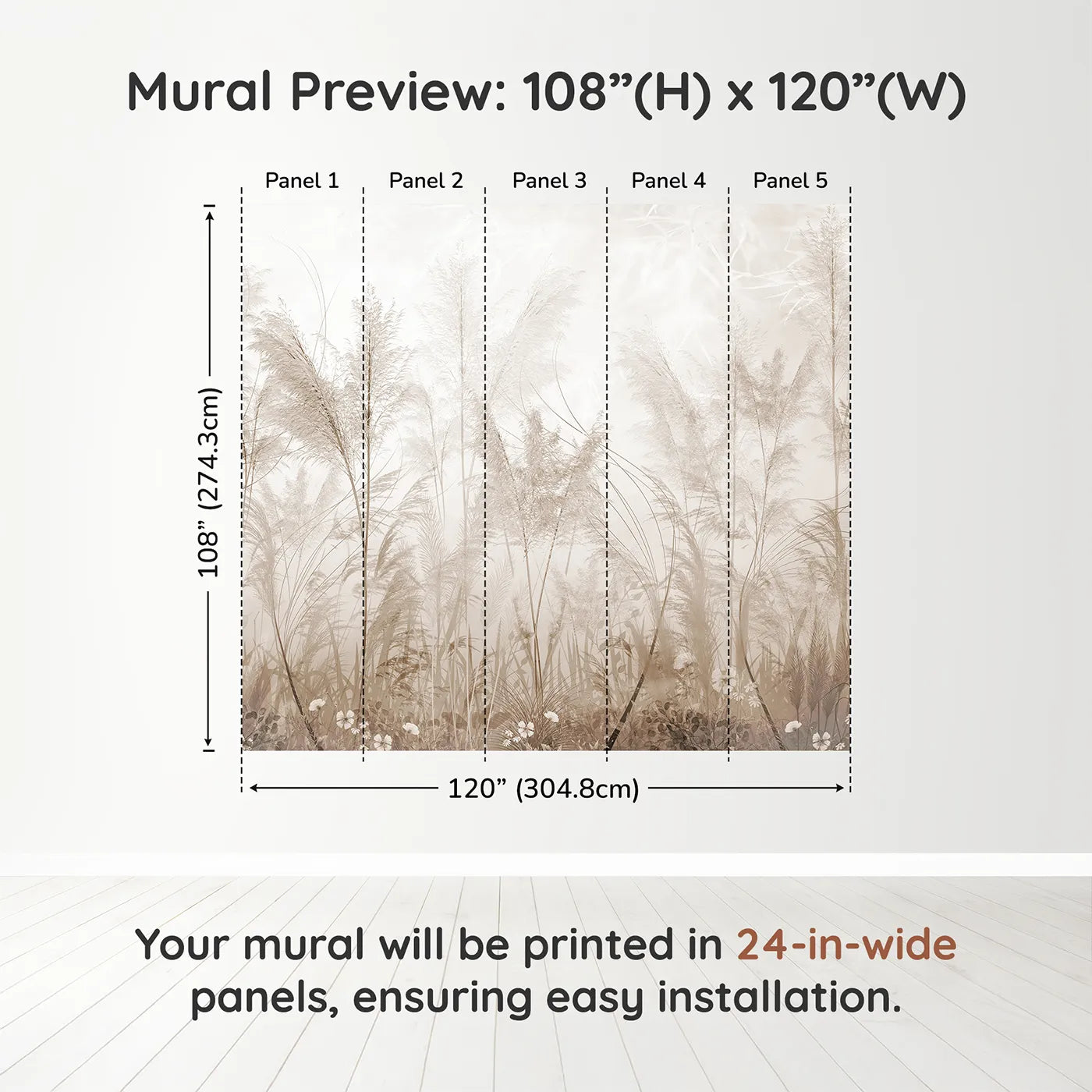Whimsy Tots Misty Pampas Grass Wall Muraldimension view (108" H x 120" W). Printed in five 24-inch-wide panels. Gender-Neutral