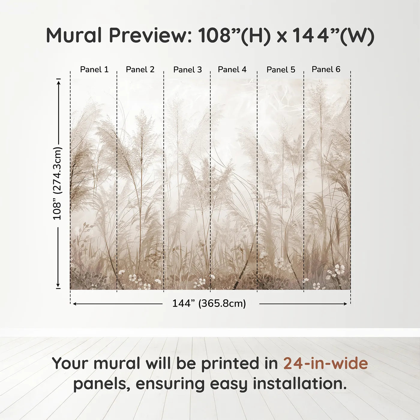 Whimsy Tots Misty Pampas Grass Wall Muraldimension view (108" H x 144" W). Printed in six 24-inch-wide panels. Gender-Neutral