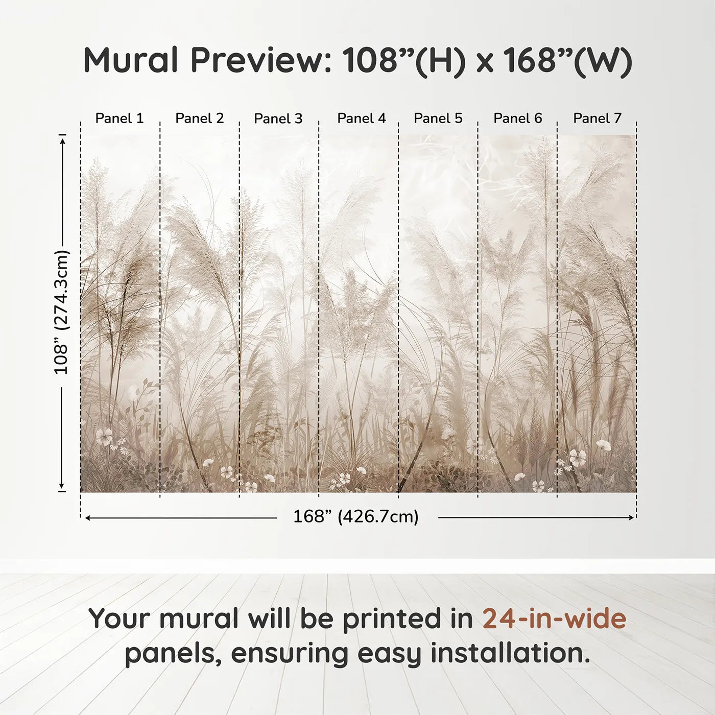 Whimsy Tots Misty Pampas Grass Wall Muraldimension view (108" H x 168" W). Printed in seven 24-inch-wide panels. Gender-Neutral