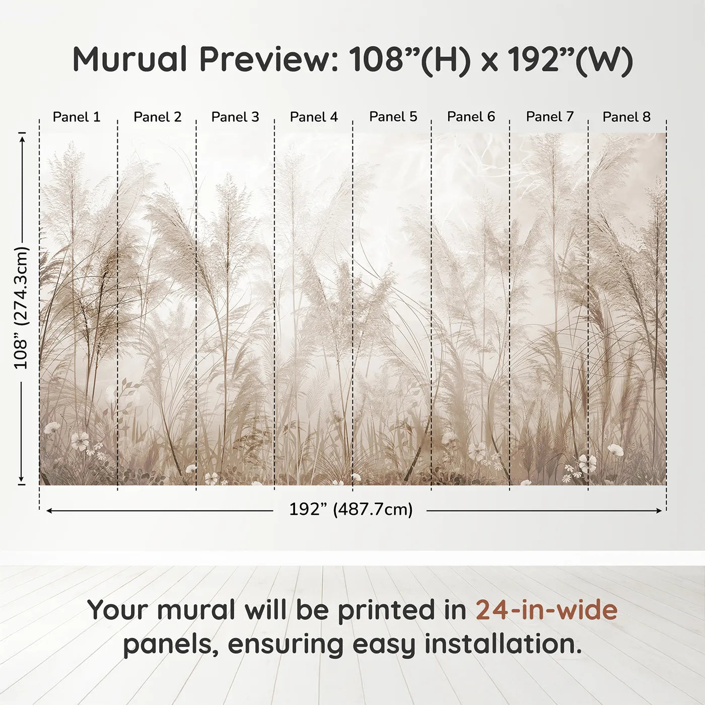 Whimsy Tots Misty Pampas Grass Wall Muraldimension view (108" H x 192" W). Printed in eight 24-inch-wide panels. Gender-Neutral