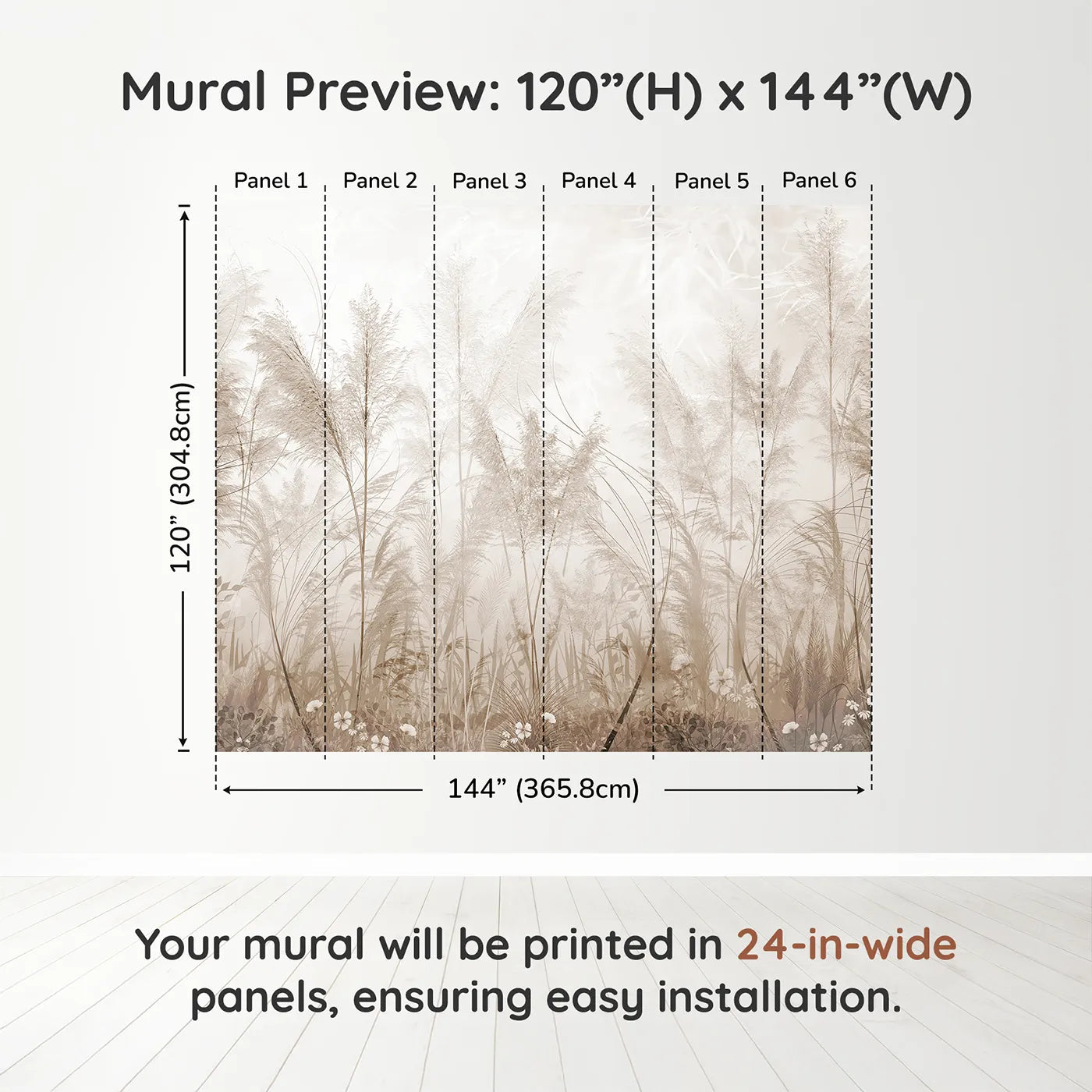 Whimsy Tots Misty Pampas Grass Wall Muraldimension view (120" H x 144" W). Printed in six 24-inch-wide panels. Gender-Neutral