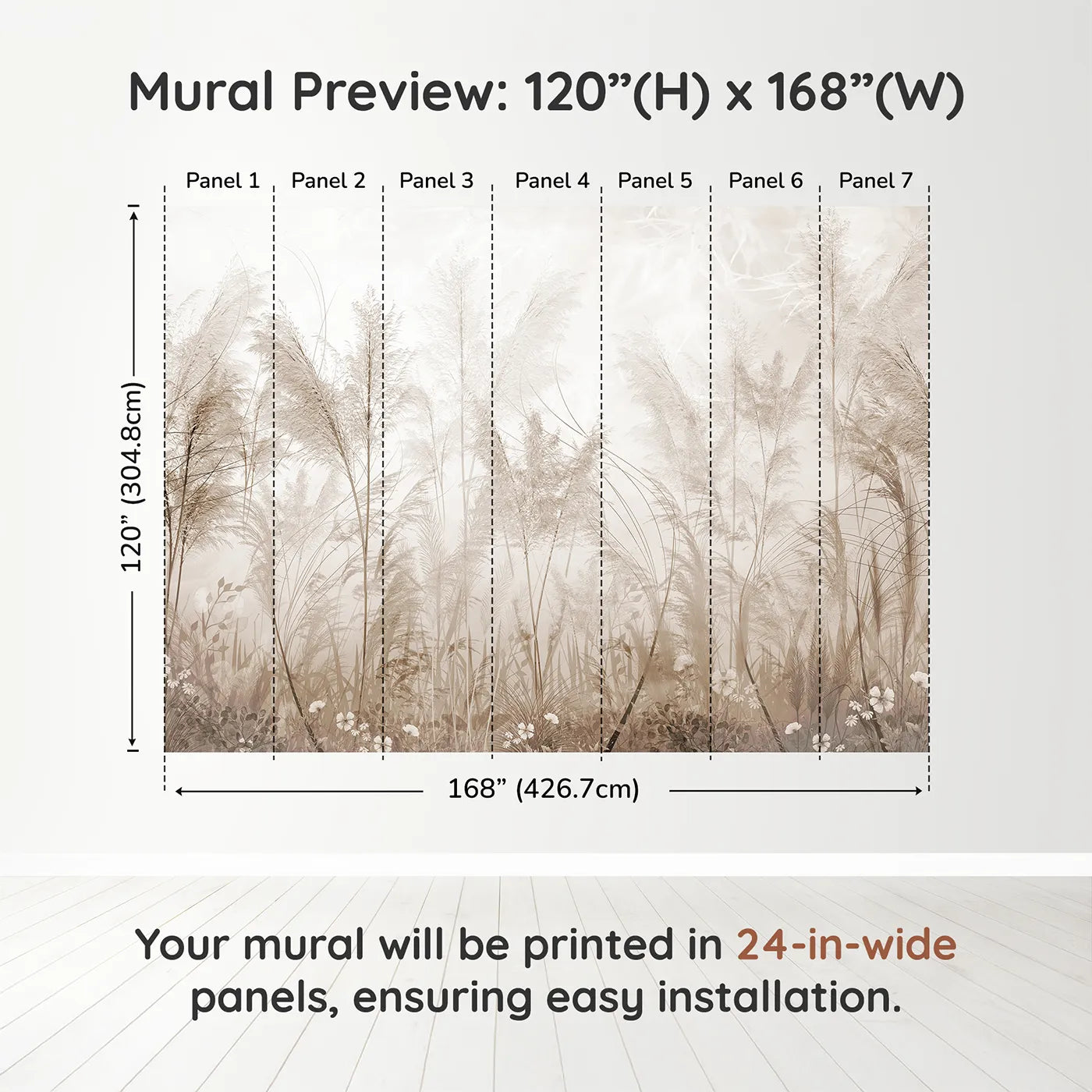 Whimsy Tots Misty Pampas Grass Wall Muraldimension view (120" H x 168" W). Printed in seven 24-inch-wide panels. Gender-Neutral