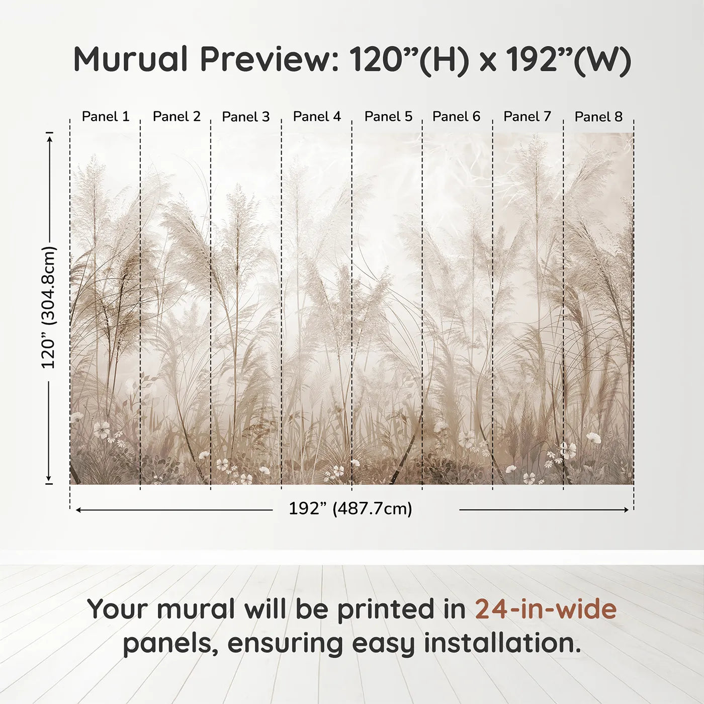 Whimsy Tots Misty Pampas Grass Wall Muraldimension view (120" H x 192" W). Printed in eight 24-inch-wide panels. Gender-Neutral
