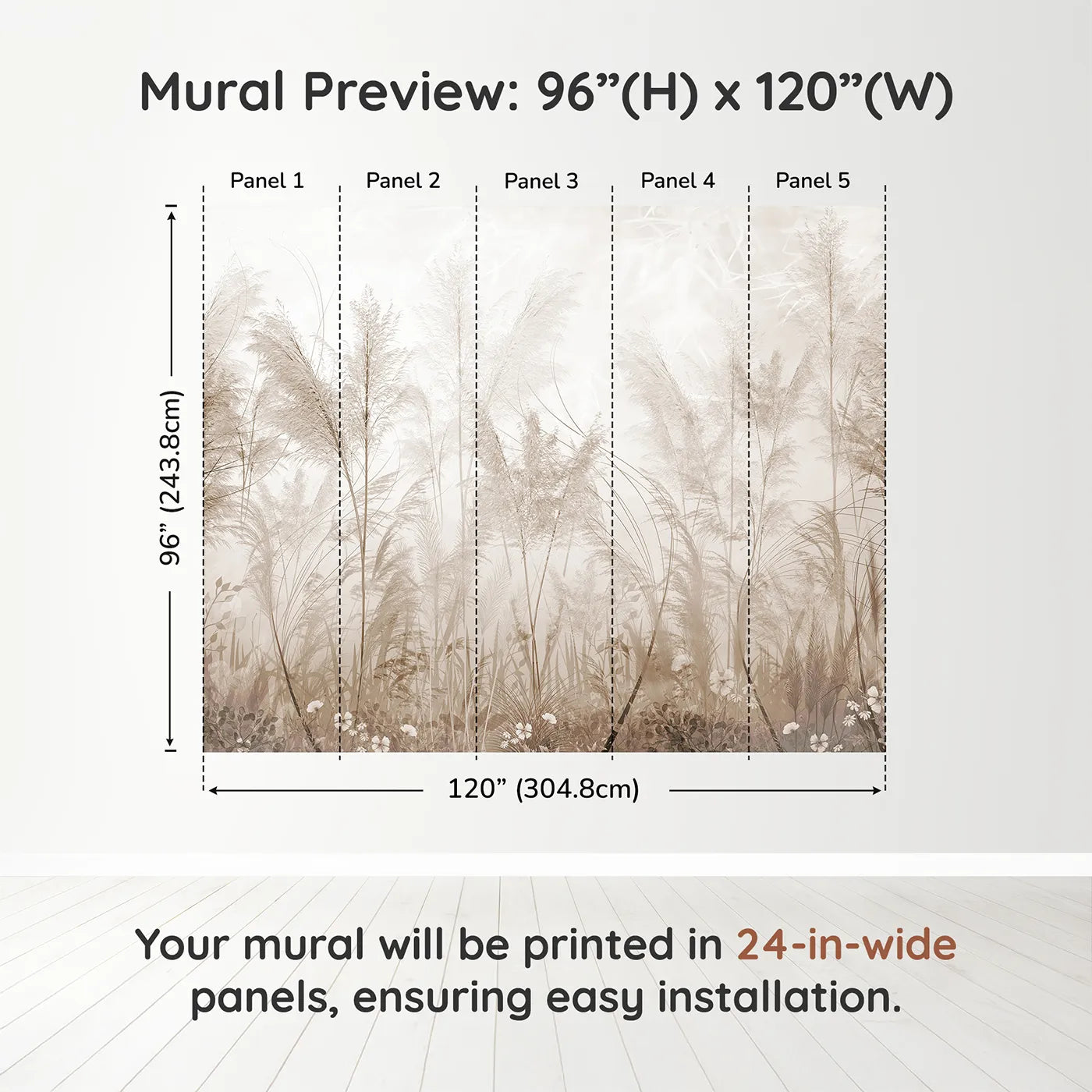 Whimsy Tots Misty Pampas Grass Wall Muraldimension view (96" H x 120" W). Printed in five 24-inch-wide panels. Gender-Neutral