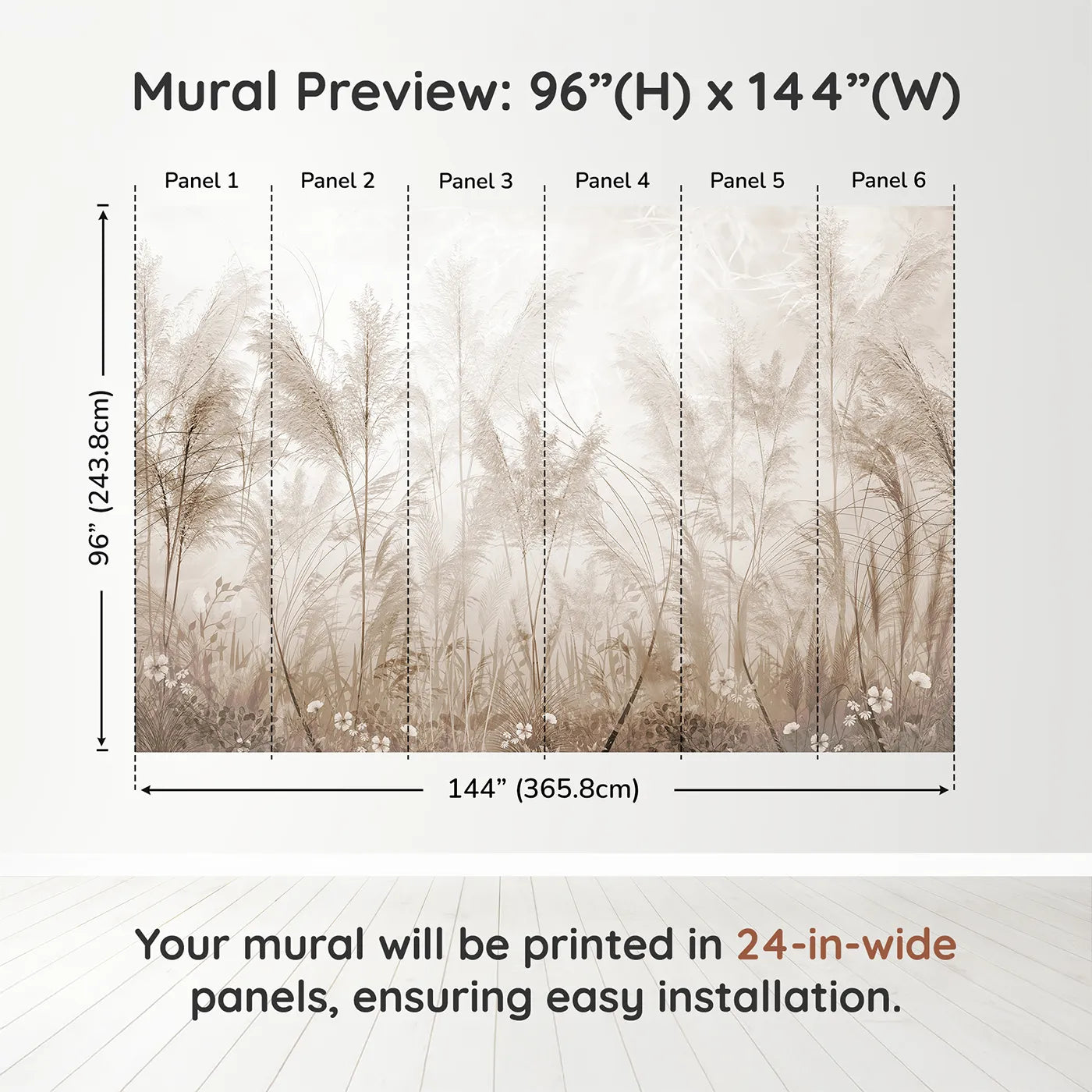 Whimsy Tots Misty Pampas Grass Wall Muraldimension view (96" H x 144" W). Printed in six 24-inch-wide panels. Gender-Neutral