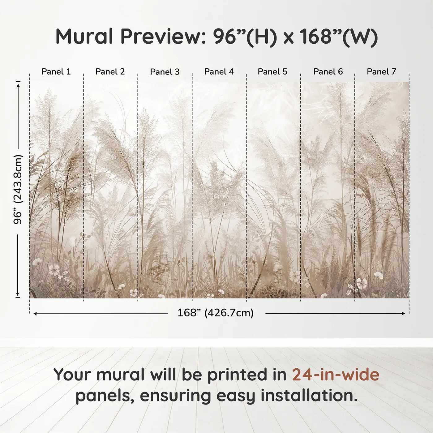 Whimsy Tots Misty Pampas Grass Wall Muraldimension view (96" H x 168" W). Printed in seven 24-inch-wide panels. Gender-Neutral