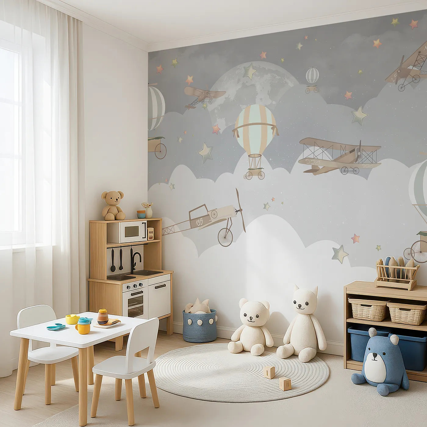Angled view of Whimsy Tots' Vintage Night Flight Wall Mural (Turn Their Room into a Magical, Moonlit Journey).Gender-Neutral