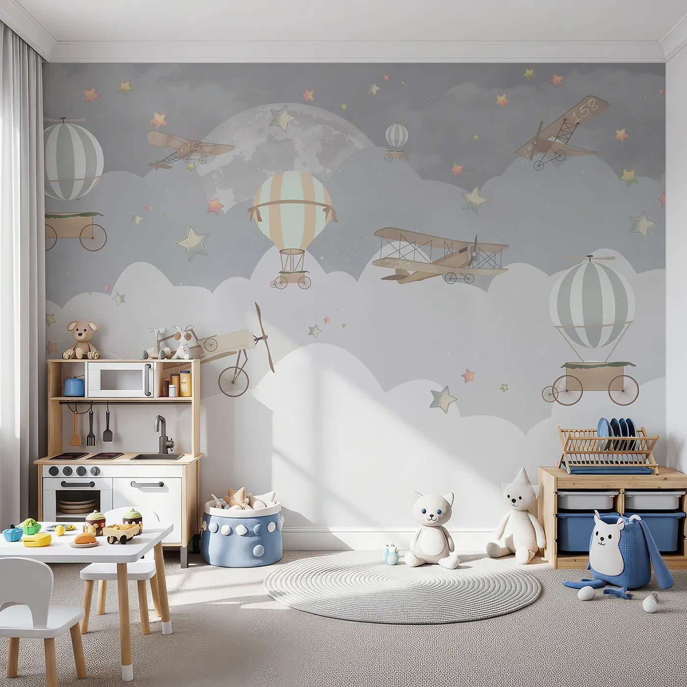 Front view of Whimsy Tots' Vintage Night Flight Wall Mural
